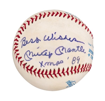 1989 Mickey Mantle Signed and Inscribed Baseball "X-mas 89"